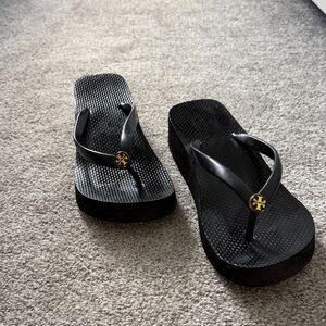 Tory Burch Black Sandals with Gold Logo